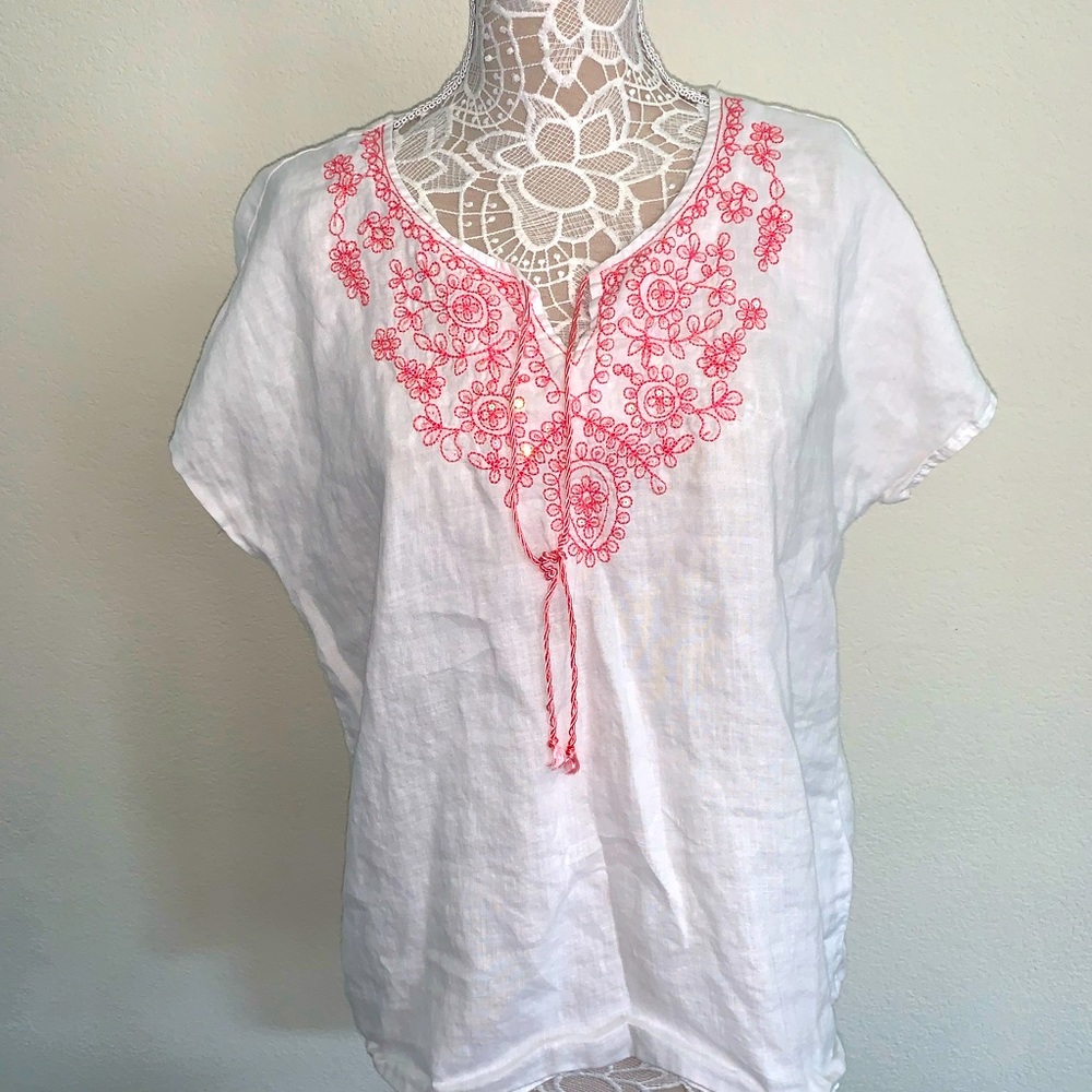Symple NYC embroidered white linen tunic. Size L